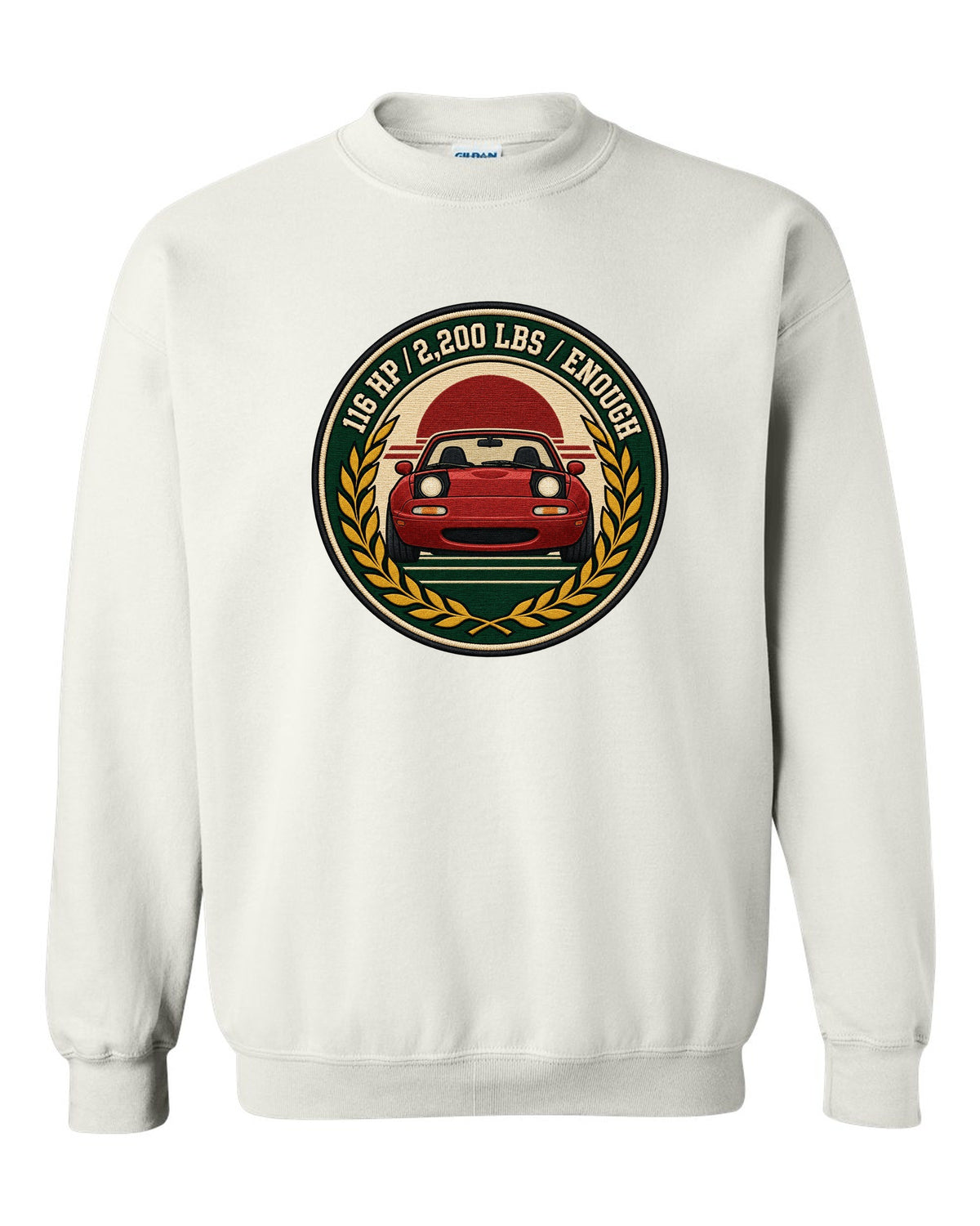 Embroidery-style varsity crest of a Mazda MX-5 NA6C with 116 HP spec text white crewneck front view with the design