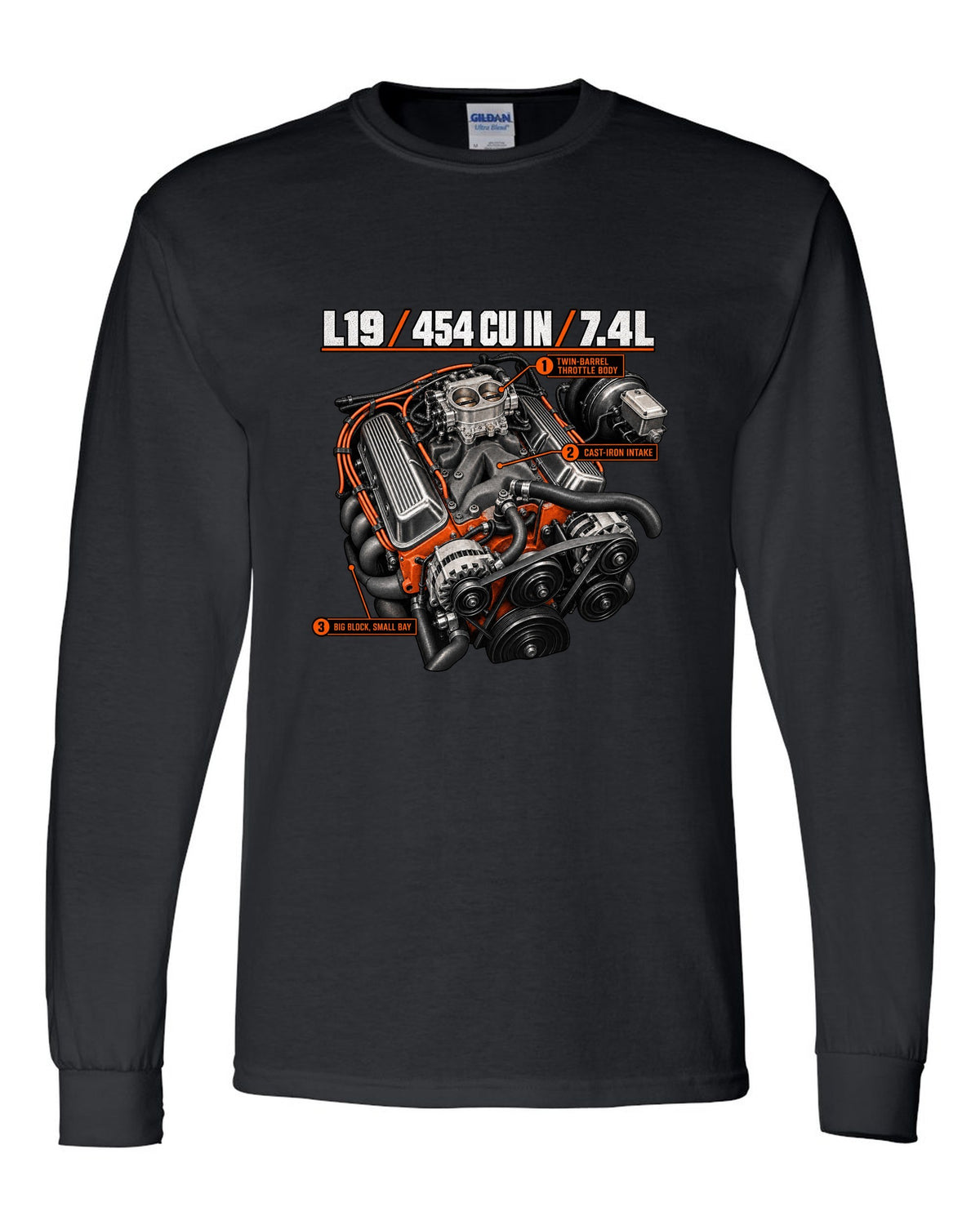 Chevy 454 SS L19 big-block engine diagram print black long sleeve front view with the design