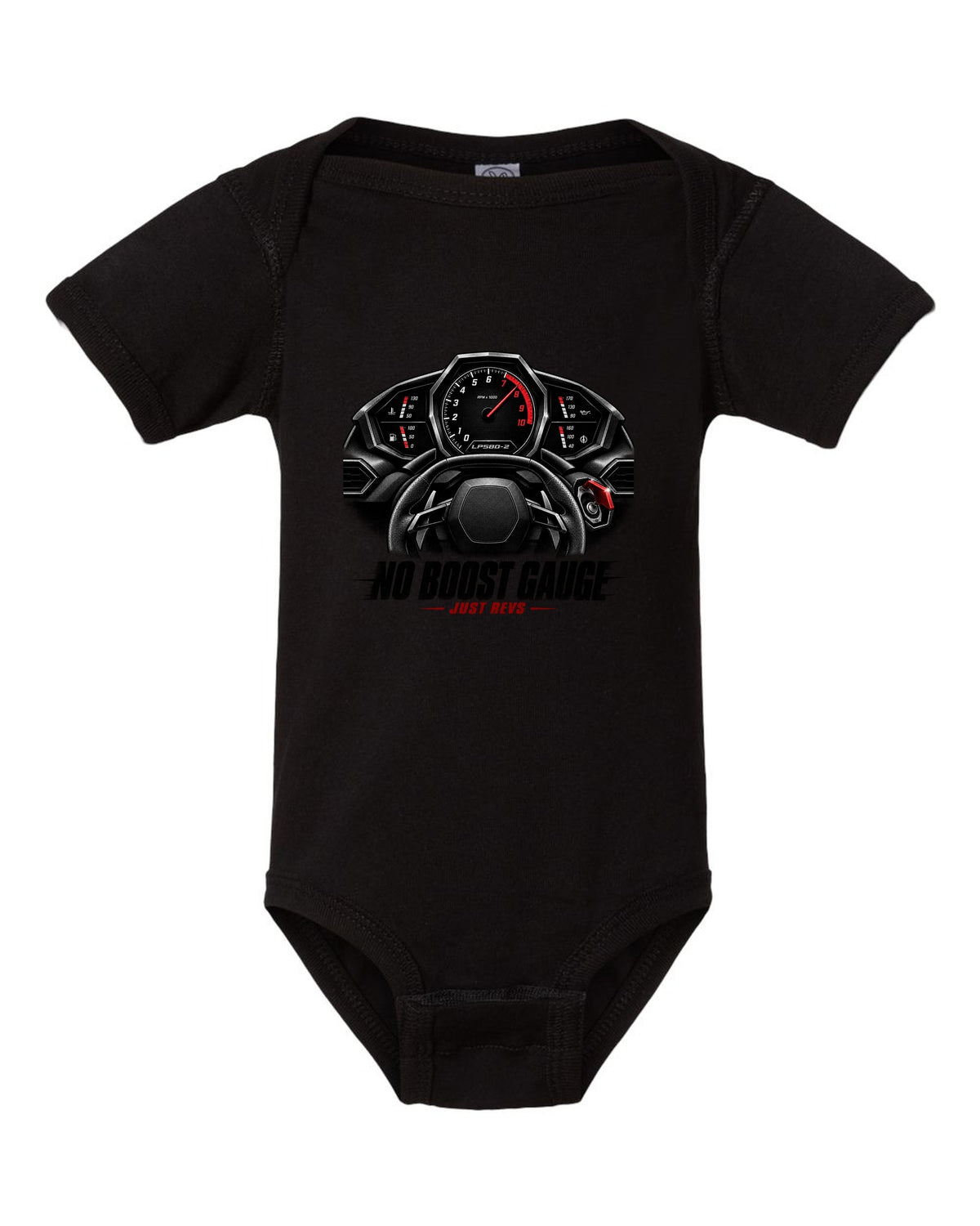 Cockpit gauge print of a Lamborghini Huracan LP580-2 with No Boost Gauge, Just Revs text black baby onesie front view with the design