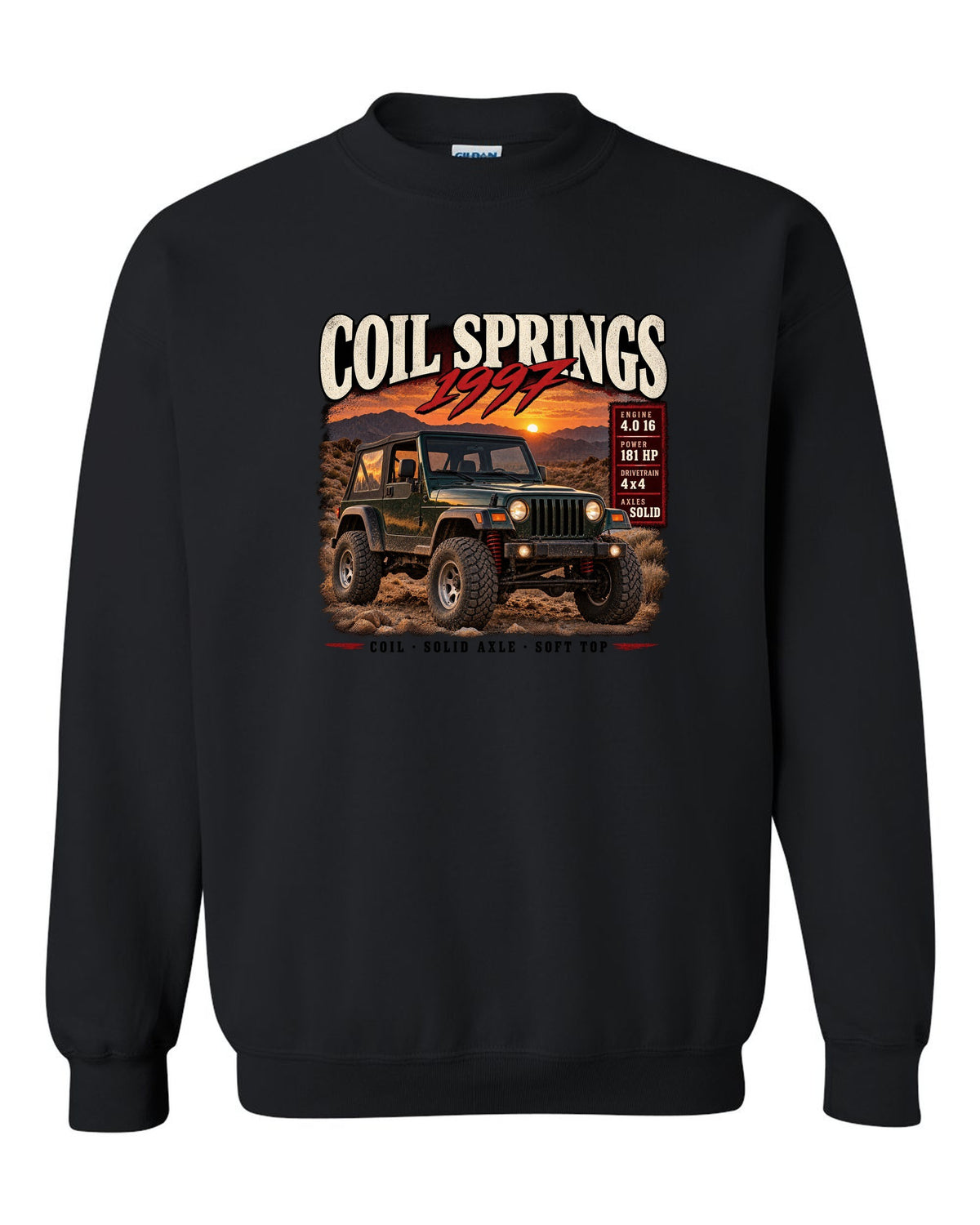 Archive panel print for the Jeep Wrangler TJ, Coil Springs 1997 Finally black crewneck front view with the design