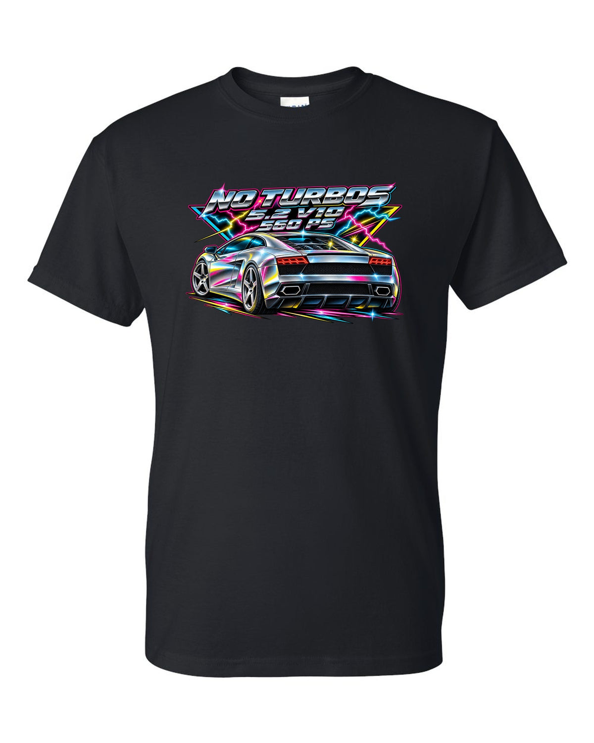 80s airbrush chrome Lamborghini Gallardo LP560-4 with the text NO TURBOS / 5.2 V10 / 560 PS black t-shirt front view with the design