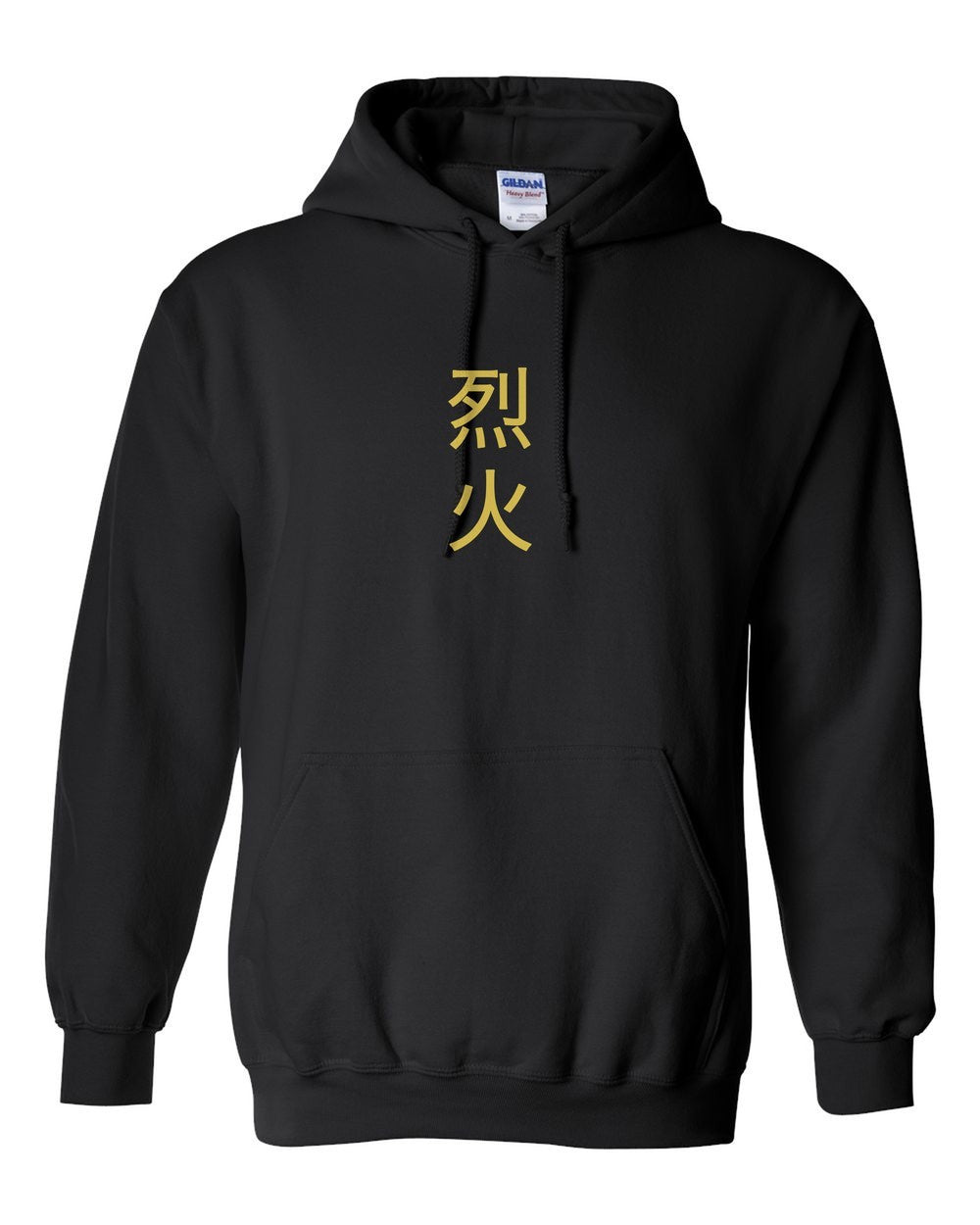 black pull over hoodie front view with small kanji mark