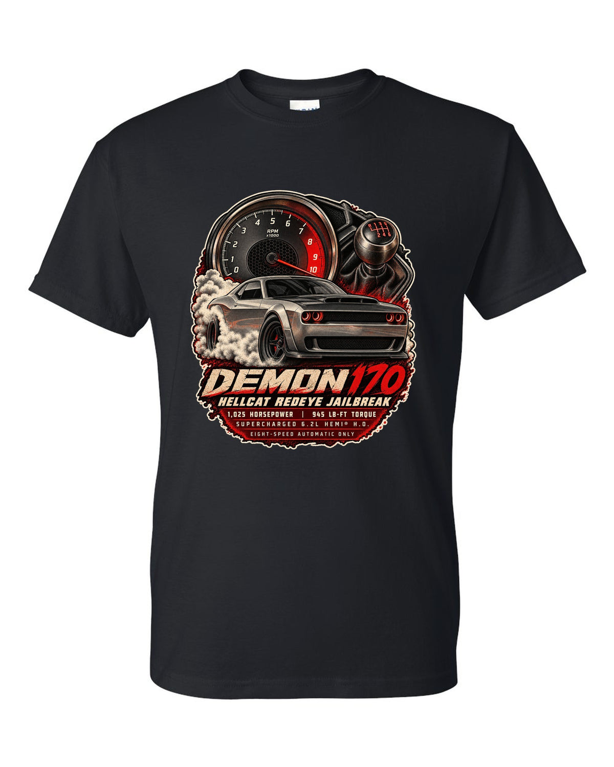 Ford Mustang S550 Shelby GT350 cockpit gauge cluster print showing 8,250 rpm black t-shirt front view with the design
