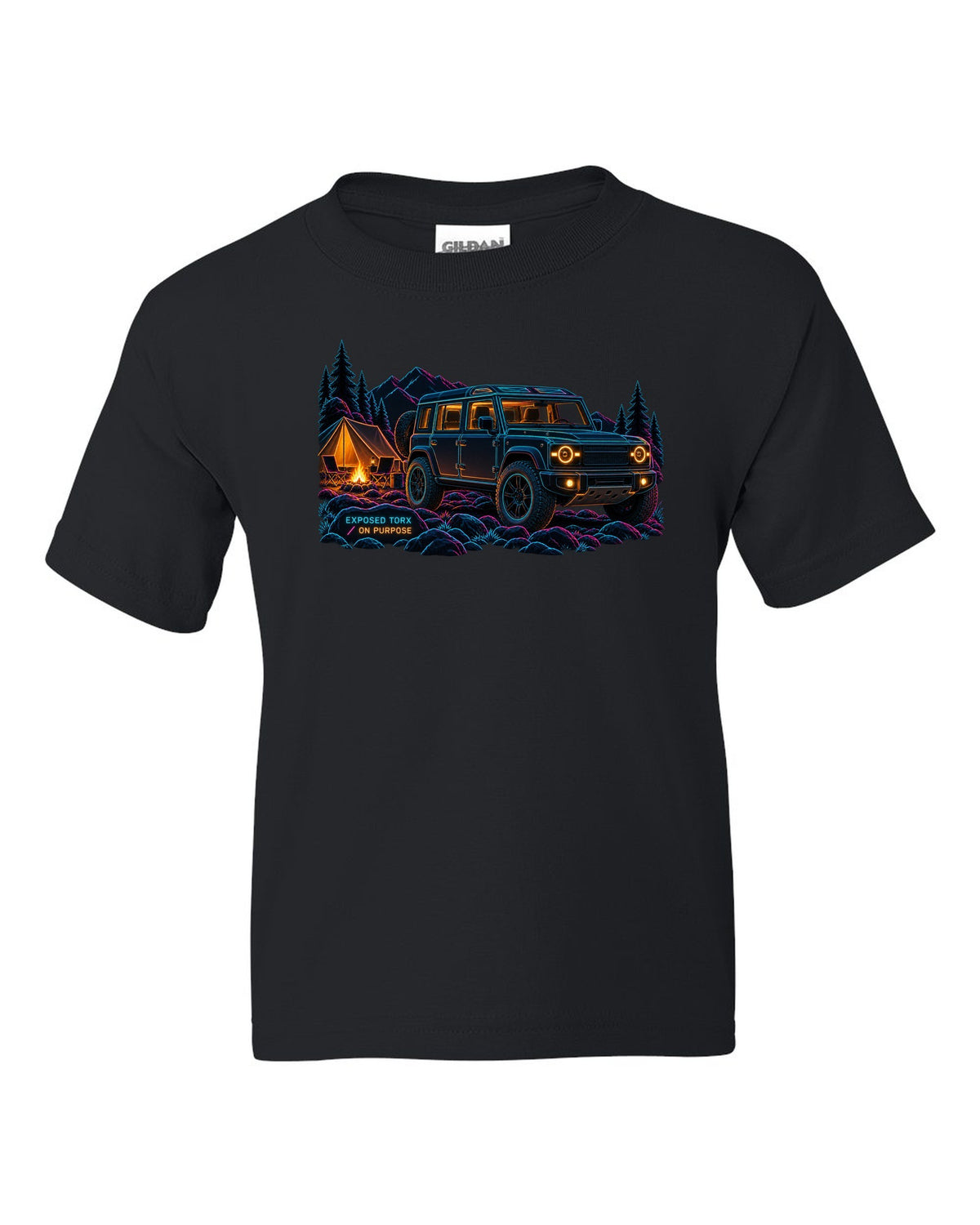 Neon line art print of a Land Rover Defender L663 110 at night camp with Exposed Torx text black kids tee front view with the design