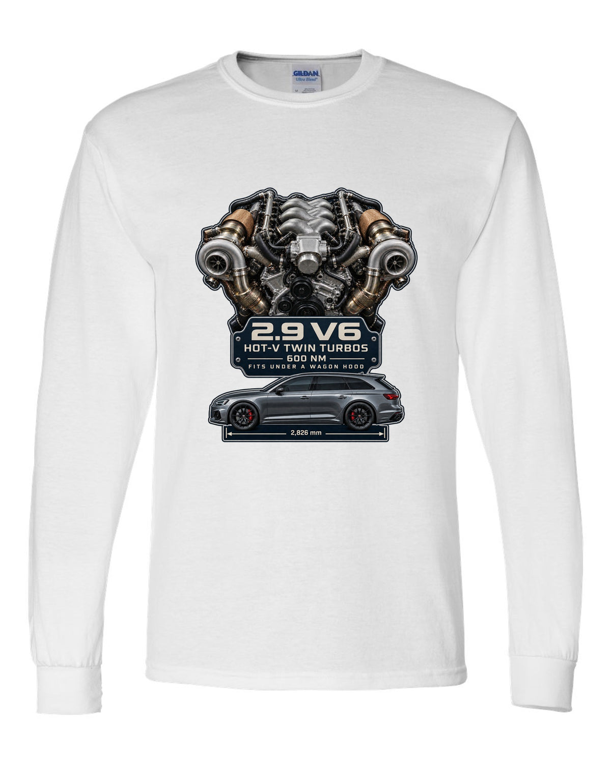 Audi RS4 B9 2.9 TFSI hot-V twin-turbo V6 engine graphic print white long sleeve front view with the design