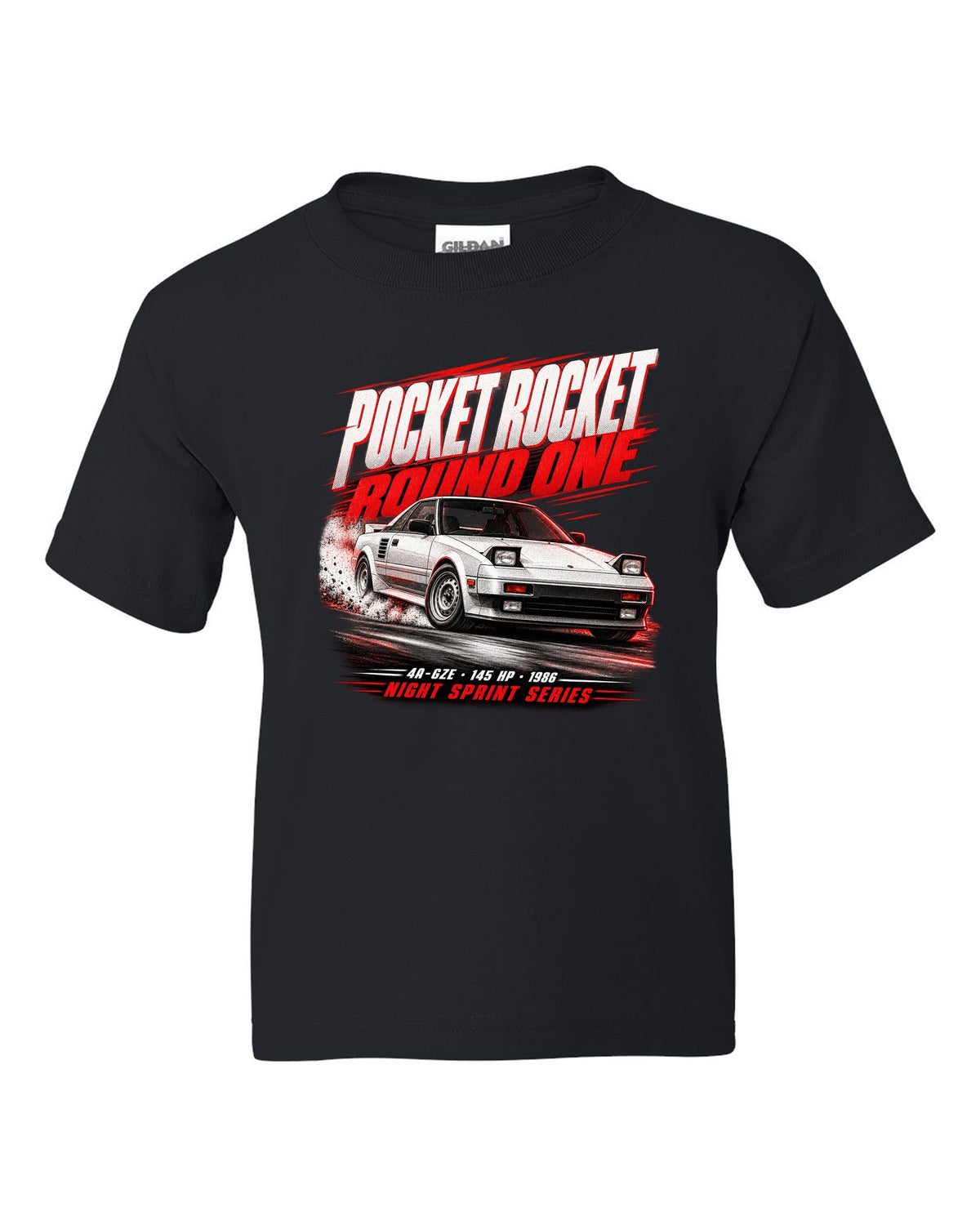 Race poster print of a supercharged Toyota MR2 AW11 with the text Pocket Rocket Round One 4A-GZE black kids tee front view with the design