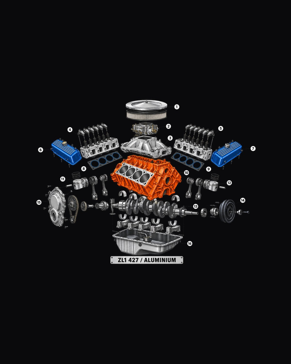 Chevrolet Camaro ZL1 427 Aluminum Engine Exploded Diagram Tee design only