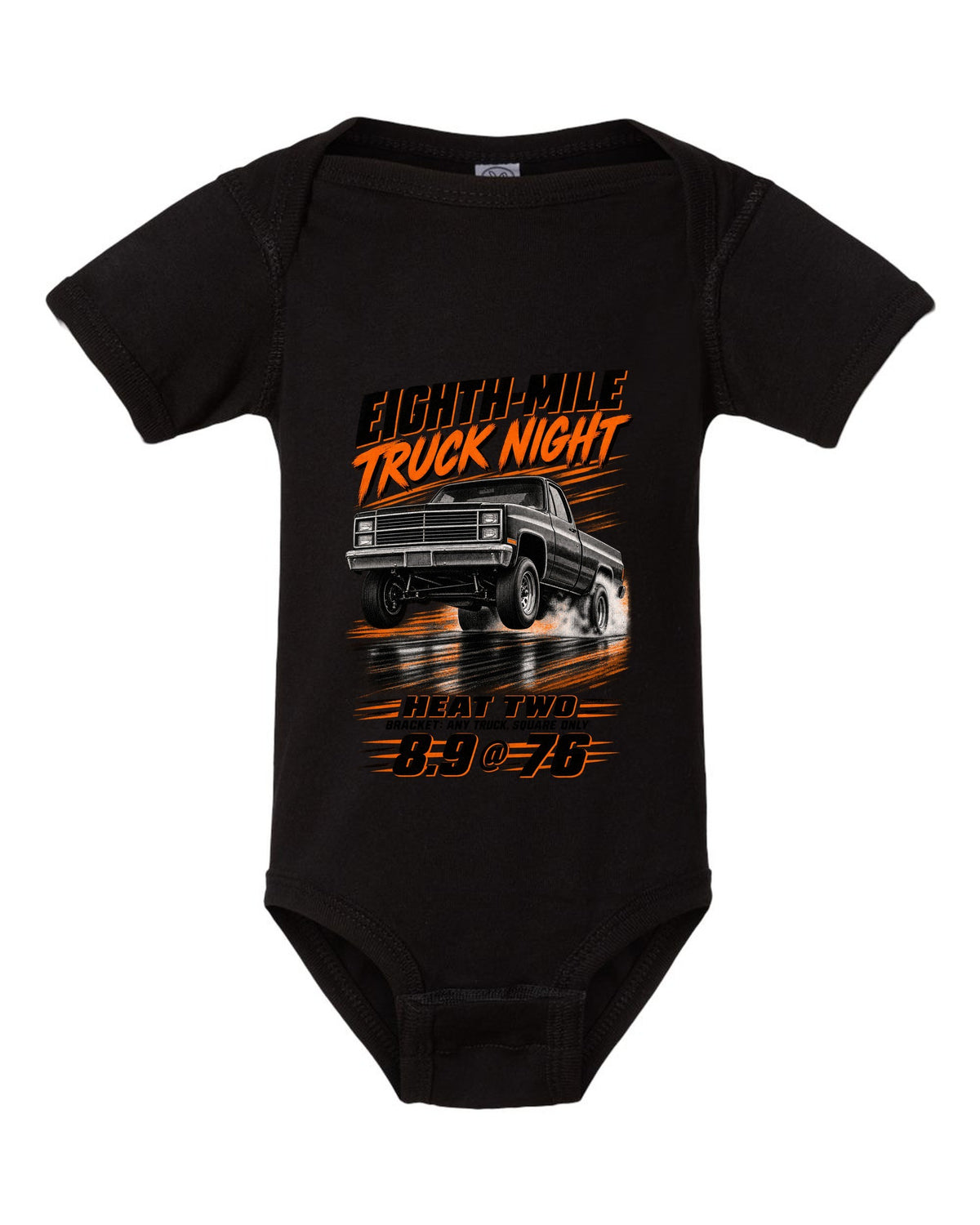 Squarebody C10 eighth-mile race poster print black baby onesie front view with the design