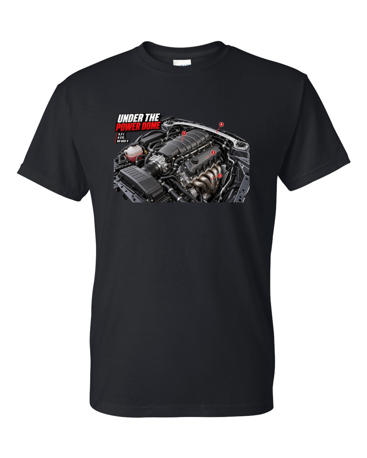 print of the Mercedes C63 AMG W204 M156 engine bay with the text Under The Power Dome black t-shirt front view with the design
