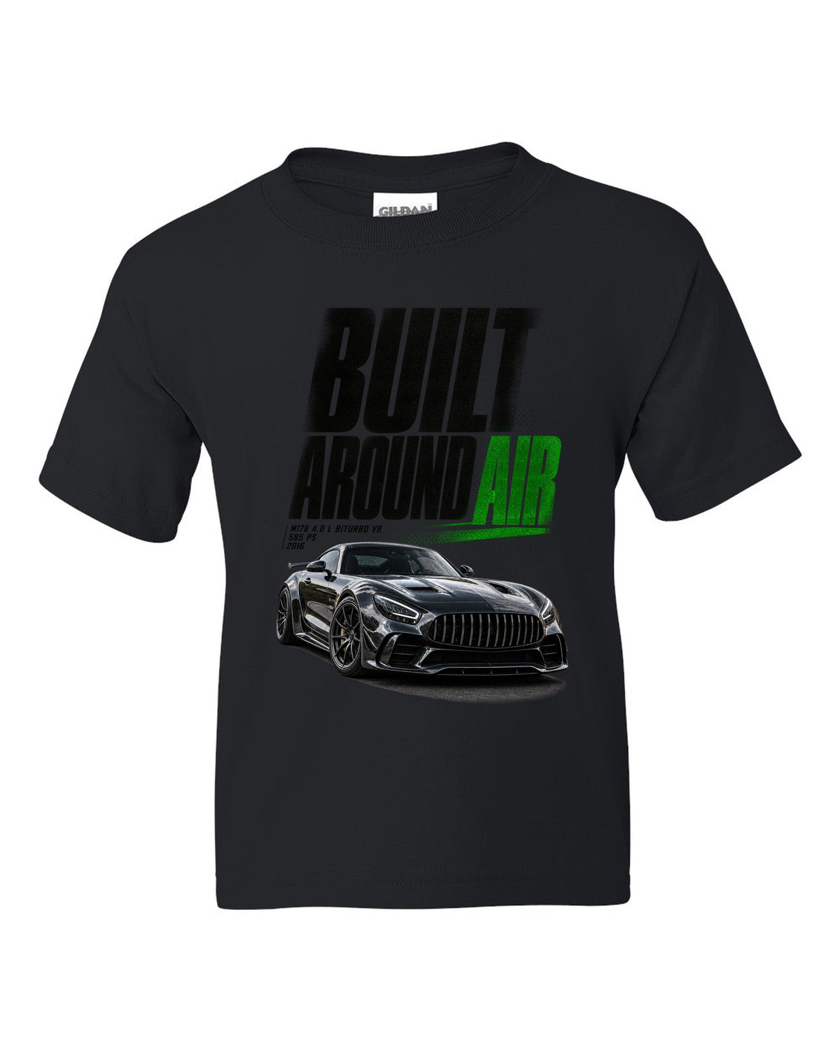Halftone statement print of a Mercedes-AMG GT R C190 with Built Around Air lettering black kids tee front view with the design