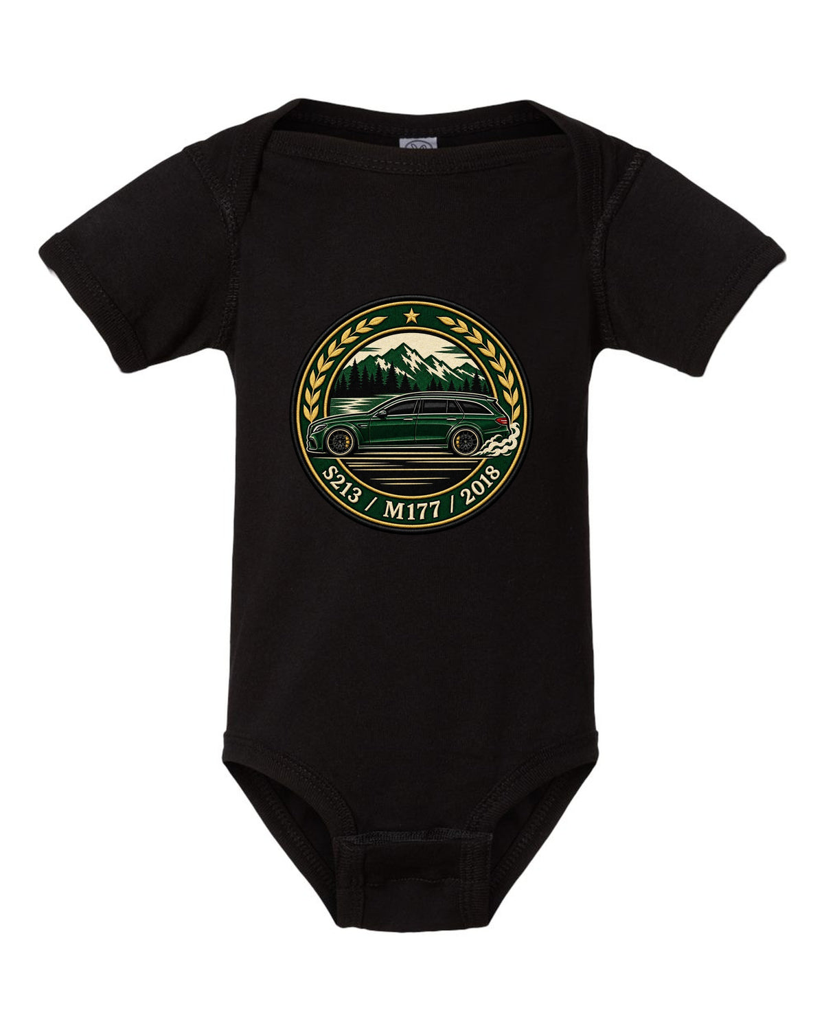Embroidery-style varsity crest of a Mercedes E63 AMG Wagon S213 with M177 black baby onesie front view with the design