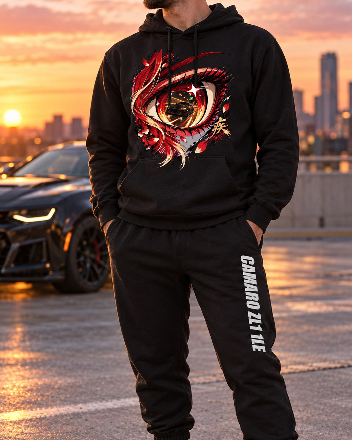 Chevrolet Camaro ZL1 1LE Anime Girl Hoodie + Jogger Set Black worn hero