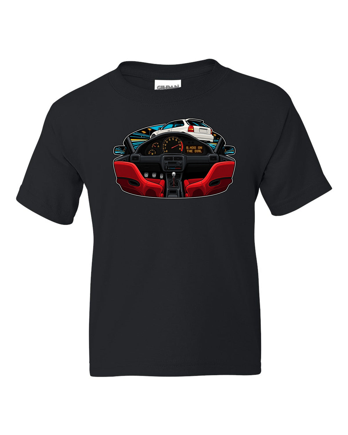 Gauge-cluster HUD print of a 1997 Honda Civic Type R EK9 with 8,400 on the dial text black kids tee front view with the design