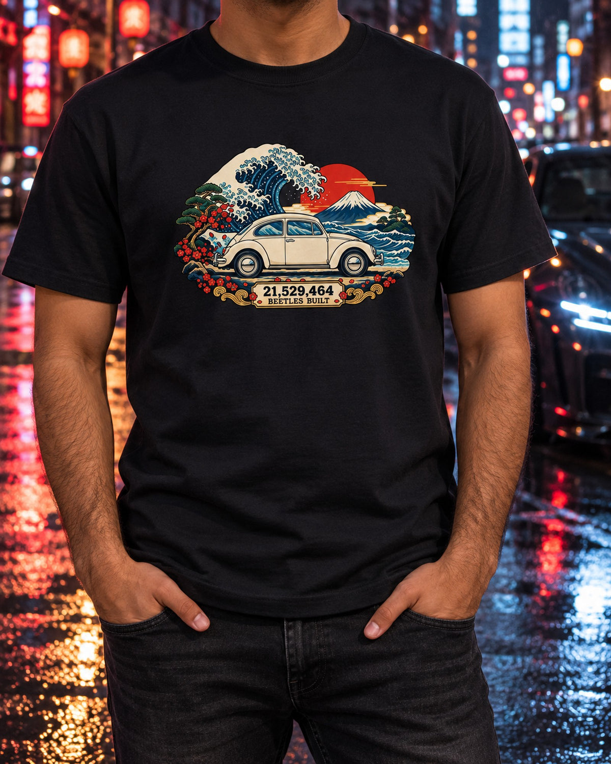 VW Beetle Type 1 Ukiyo-e Wave Print, 21,529,464 Built Shirt T-Shirt Black worn hero