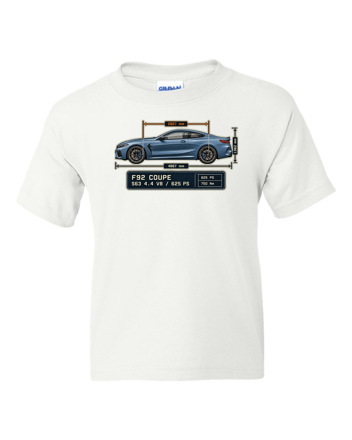 BMW M8 Competition Coupe F92 dimension blueprint print on a tee white kids tee front view with the design