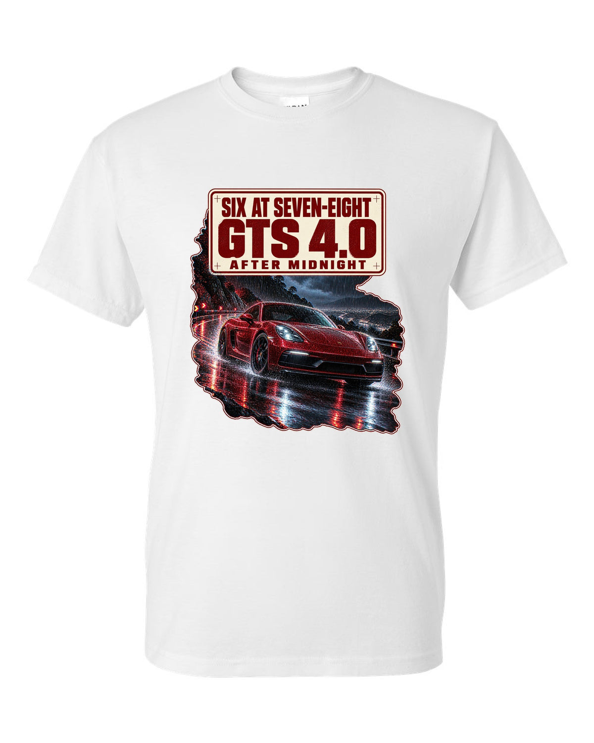 Night street print of a Porsche 718 Cayman GTS 4.0 982 with six at seven-eight text white t-shirt front view with the design