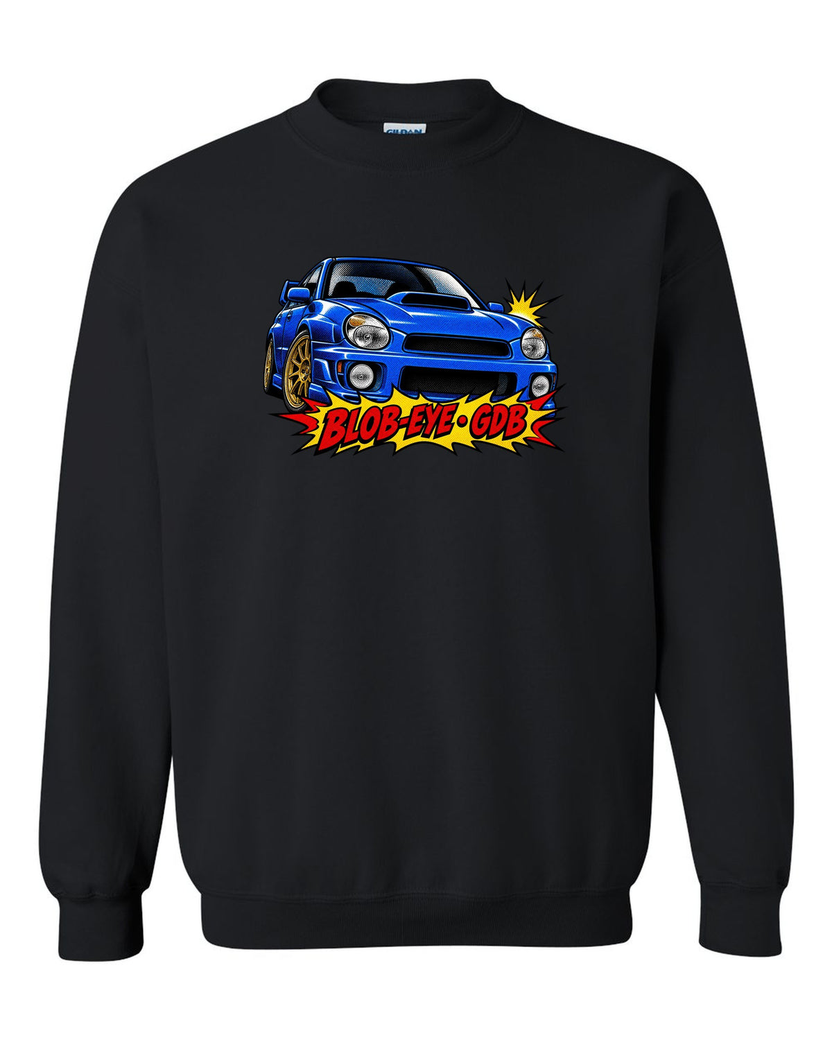 Halftone pop-art print of a Subaru Impreza WRX STI GDB with blob-eye GDB lettering black crewneck front view with the design