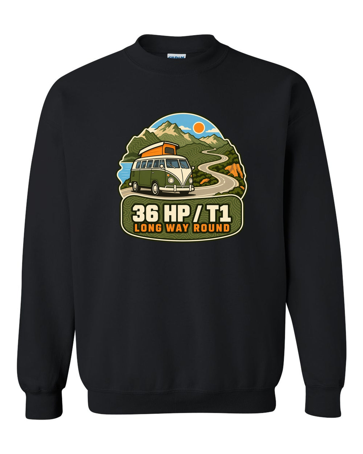Topographic route map print of a 1962 VW Bus T1 split-window with 36 HP lettering black crewneck front view with the design