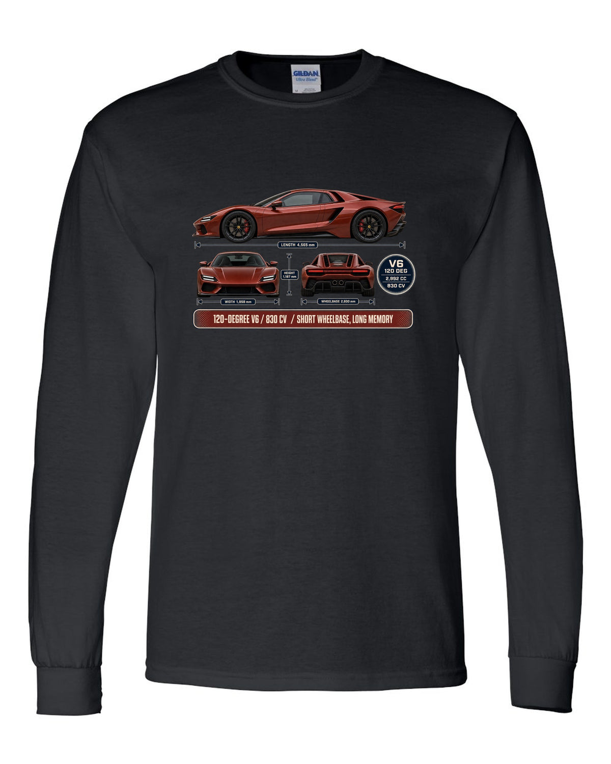 print three-view drawing with spec table of a Ferrari 296 GTB in brick red black long sleeve front view with the design