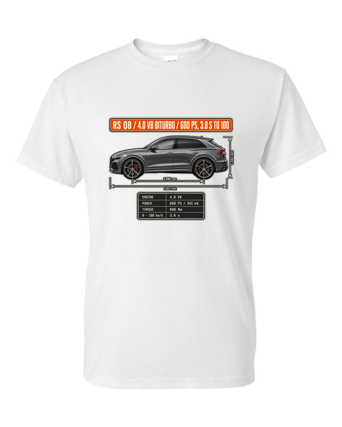 Audi RS Q8 dimension blueprint print with V8 biturbo specs white t-shirt front view with the design