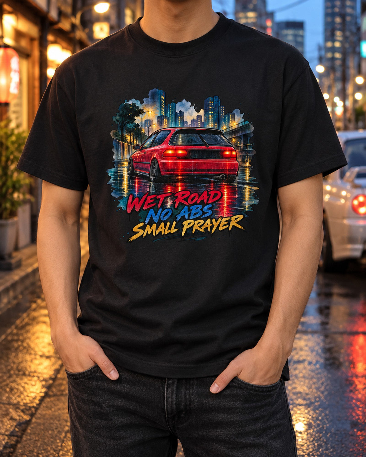 EG6 Civic Taillight Rain Watercolour Shirt, Wet Road Car Tee T-Shirt Black worn hero