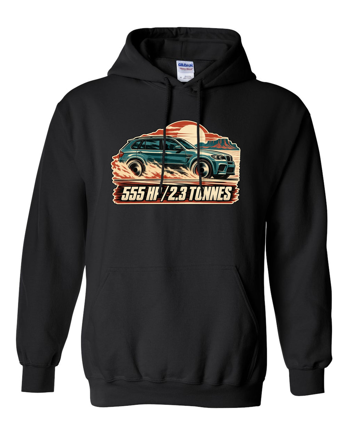 Vintage race poster print of a BMW X5 M E70 with 555 HP lettering black pull over hoodie front view with the design