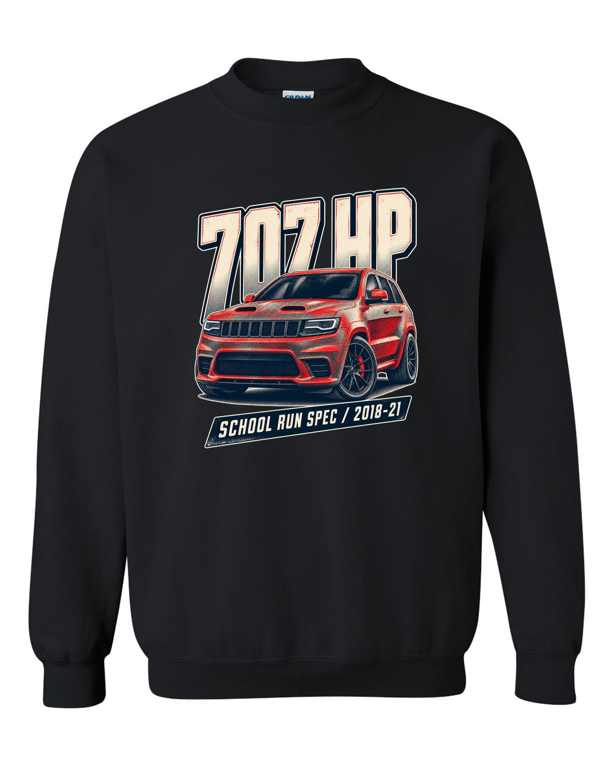 Halftone print of the Jeep Grand Cherokee Trackhawk WK2 with 707 HP lettering black crewneck front view with the design