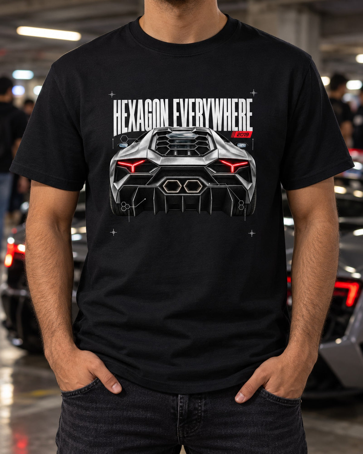 Huracan Evo LP640-4 Hexagon Everywhere Detail Macro Shirt, 2019 T-Shirt Black worn hero