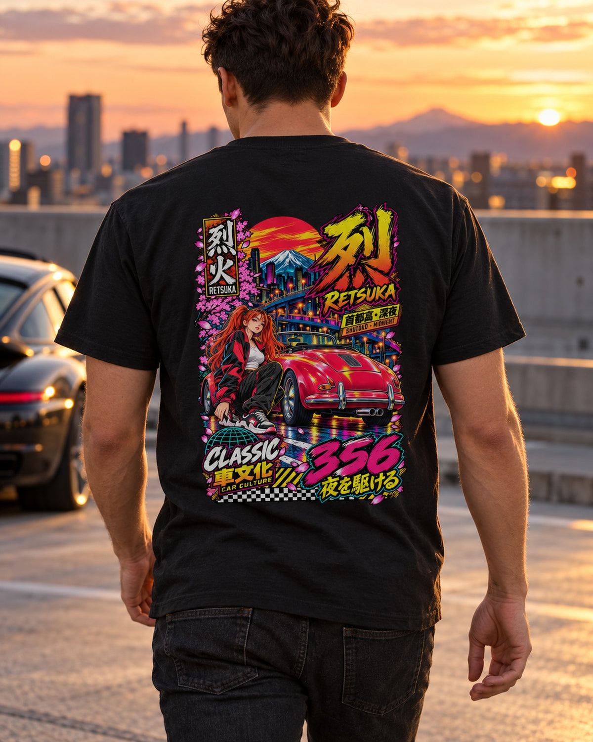RETSUKA 356 Anime Girl Full-Back Graphic Tee T-Shirt Black worn hero