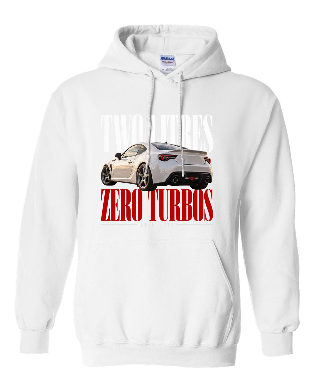 Editorial headline print for the Subaru BRZ ZC6 reading Two Litres, Zero Turbos, ZC6, 2012 white pull over hoodie front view with the design