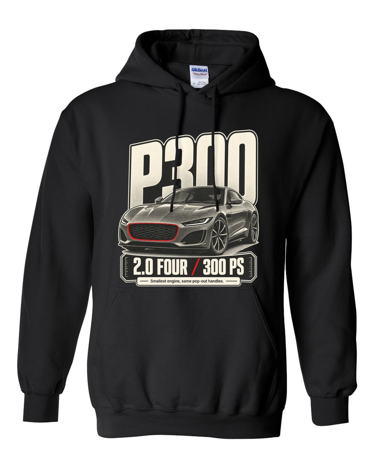 Halftone statement print for the Jaguar F-Type P300 2.0 four-cylinder with 300 PS text black pull over hoodie front view with the design