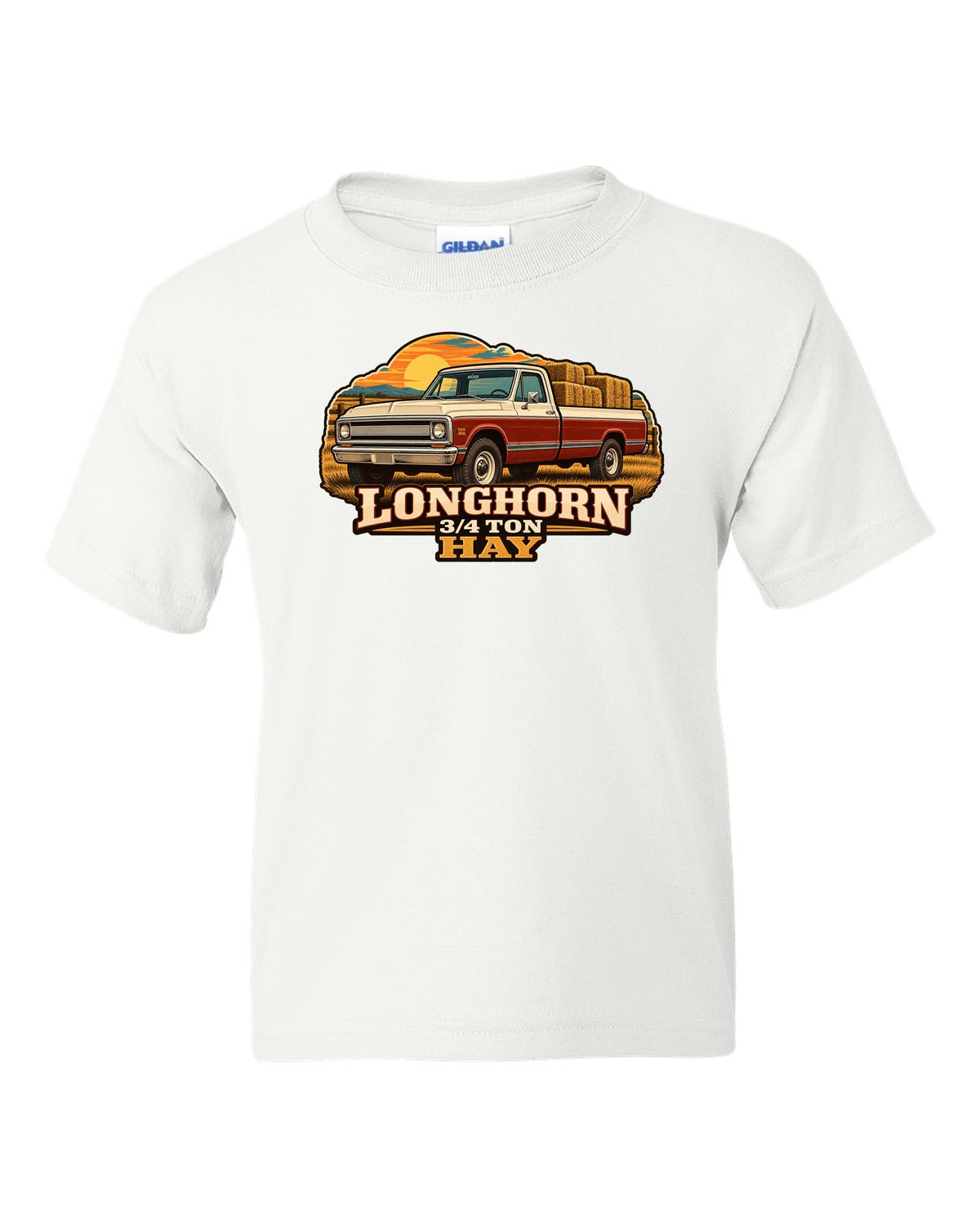 Vintage dealer-ad print of a 1967-72 Chevrolet C20 Longhorn with Longhorn 3/4 Ton Hay text white kids tee front view with the design