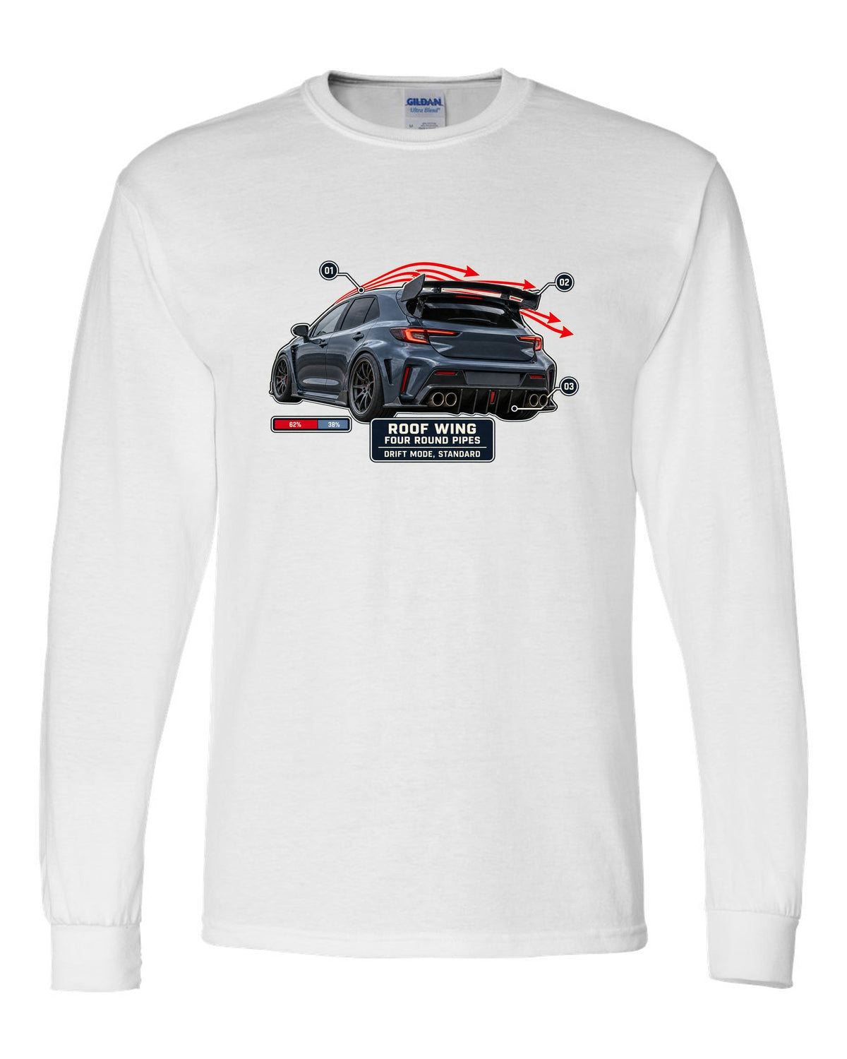 Mercedes-AMG A45 S W177 rear three-quarter with aero callout labels print white long sleeve front view with the design