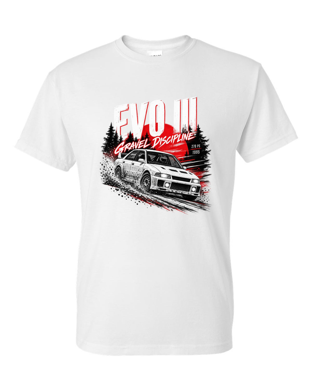 Night gravel road print for the Mitsubishi Lancer Evolution III CE9A reading Gravel Discipline, 270 PS, 1995 white t-shirt front view with the design