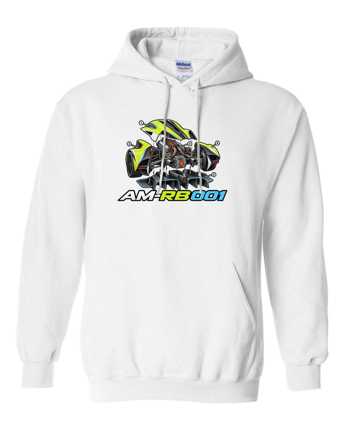 Aston Martin Valkyrie exploded isometric cutaway labelled AM-RB 001 white pull over hoodie front view with the design