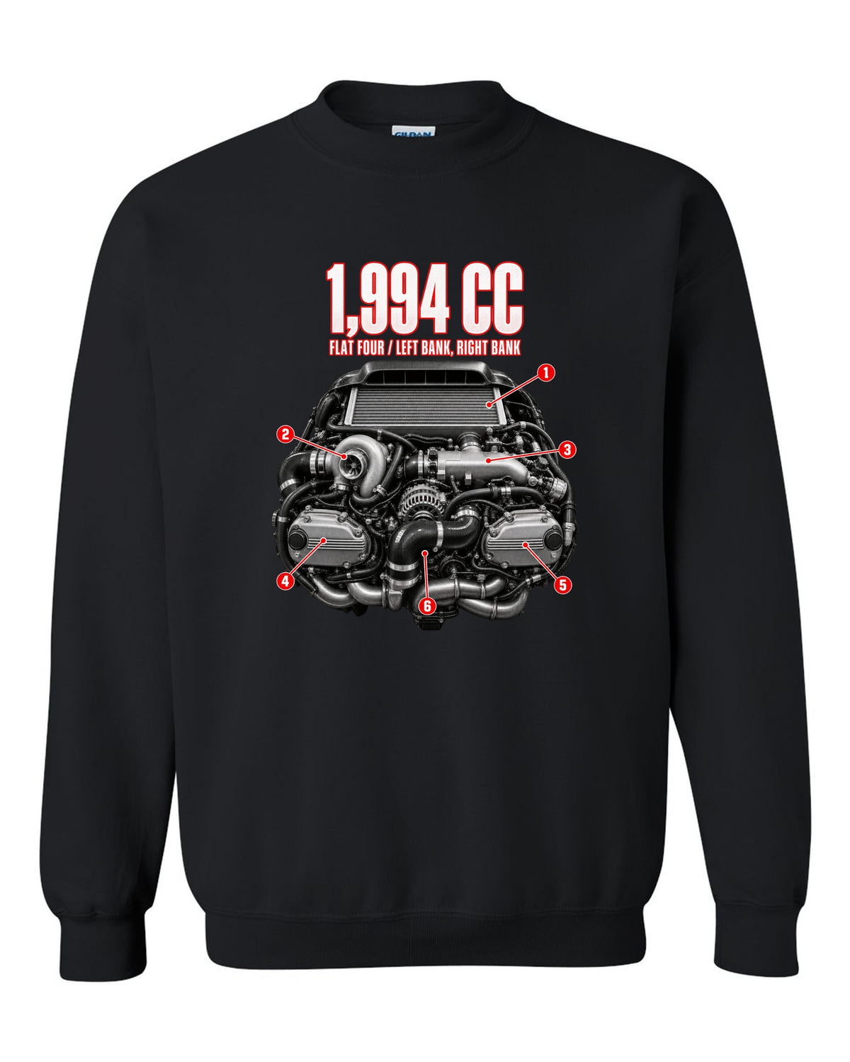 Subaru EJ20K flat-four boxer engine anatomy illustration from a GC8 WRX black crewneck front view with the design