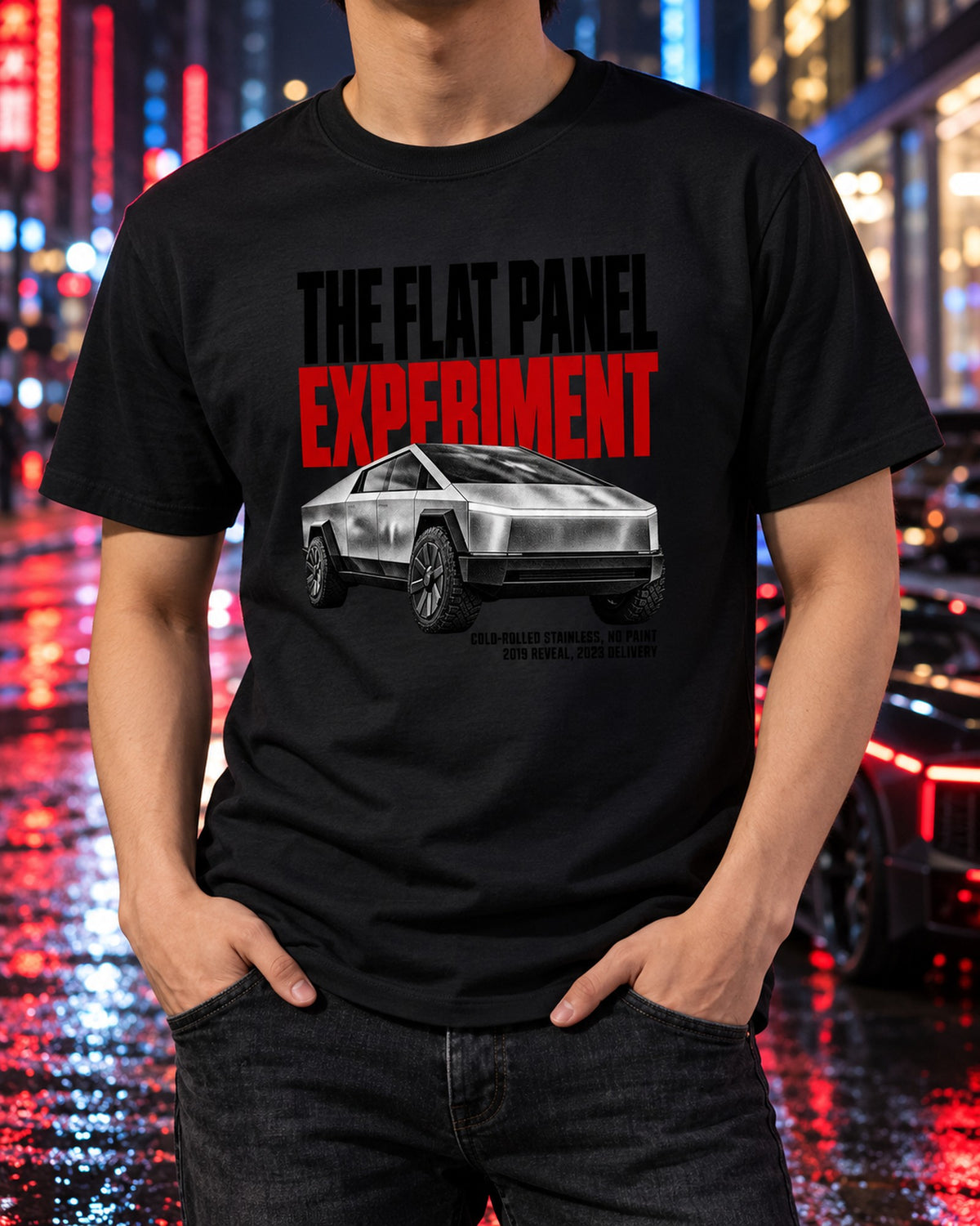 Tesla Cybertruck Cold-Rolled Experiment Halftone Tee T-Shirt Black worn hero