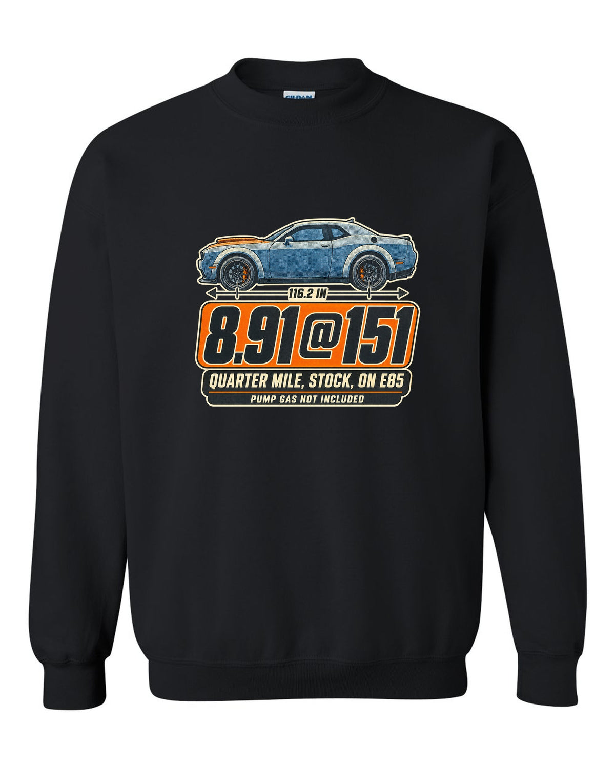 Dodge Challenger SRT Demon 170 halftone print with quarter mile time on E85 black crewneck front view with the design