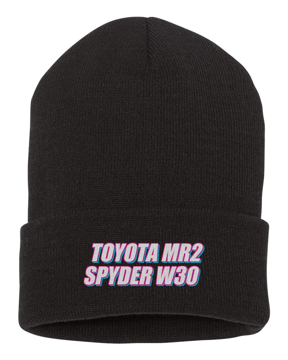 Toyota Mr2 Spyder W30 black beanie front view with car name
