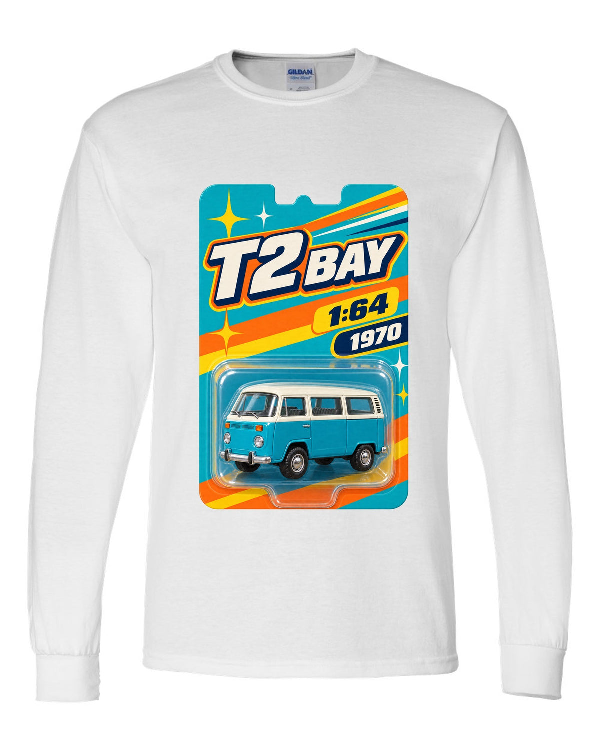 Toy-card blister pack style print of a 1970 VW Bus T2 bay window at 1:64 white long sleeve front view with the design