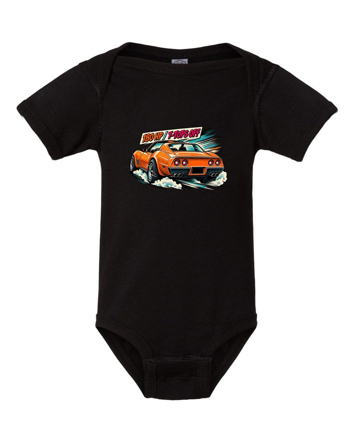 Retro manga halftone panel print of 1977 Chevrolet Corvette C3 Stingray taillights with 180 HP T-Tops Off text black baby onesie front view with the design