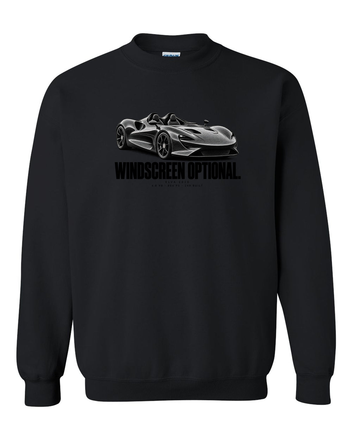 Halftone print of a 2020 McLaren Elva with windscreen optional text and 804 PS black crewneck front view with the design