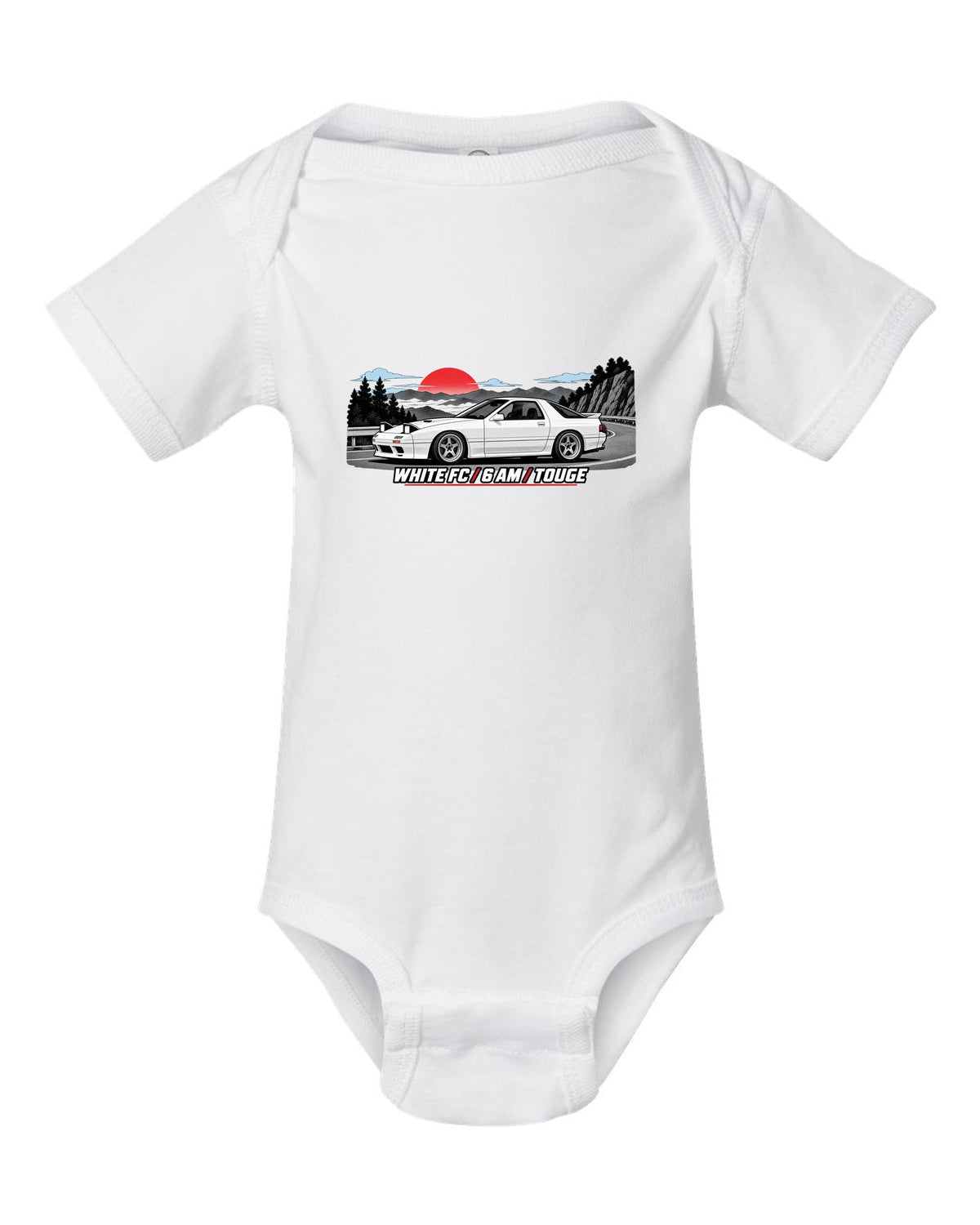Pixel art print of a Mazda RX-7 SA22C with the text Compression, W's T white baby onesie front view with the design