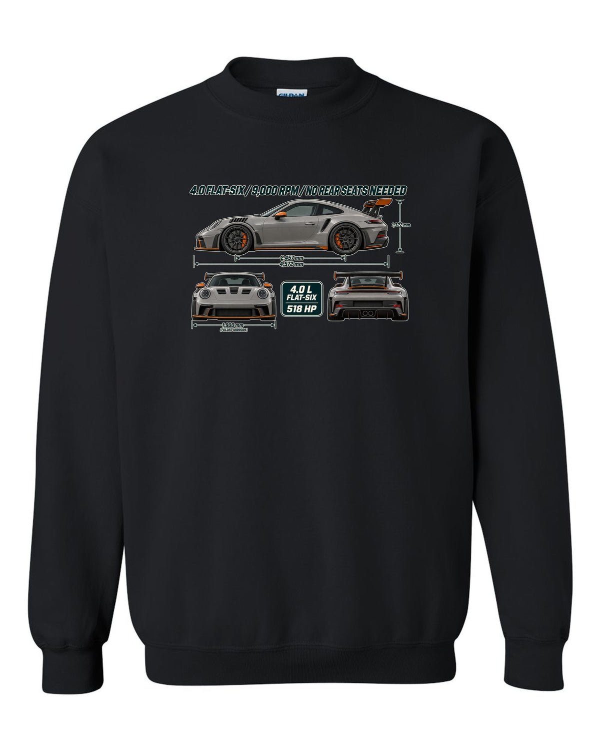 Three-view drawing and spec table of a Porsche 911 GT3 RS 992 in warm grey black crewneck front view with the design