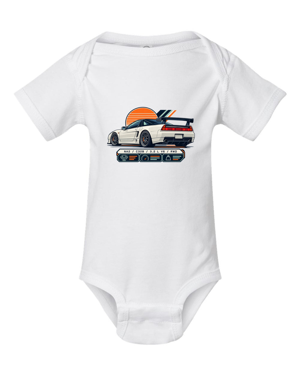 Spec-sheet data plate print of the Honda NSX-R NA2 with NA2 C32B 3.2 L V6 RWD text white baby onesie front view with the design