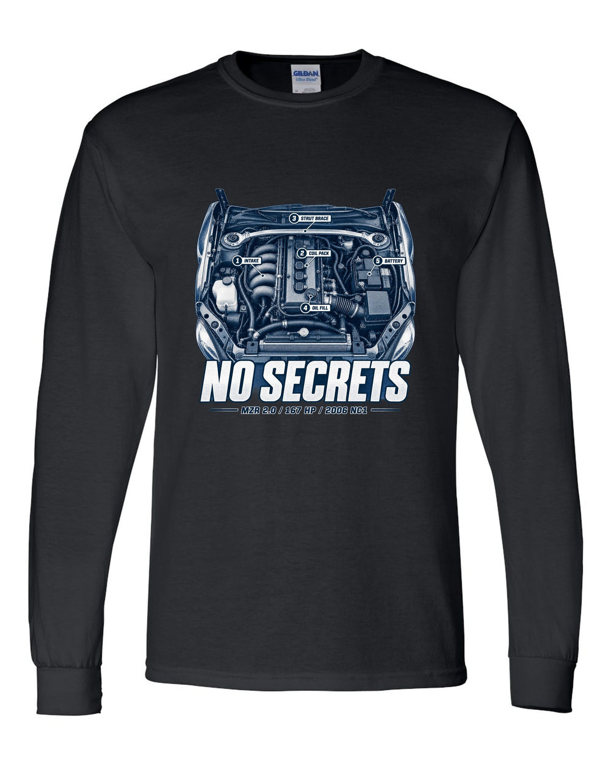 Engine hero print for the 2006 Mazda MX-5 NC1 with MZR 2.0 and 167 HP lettering black long sleeve front view with the design