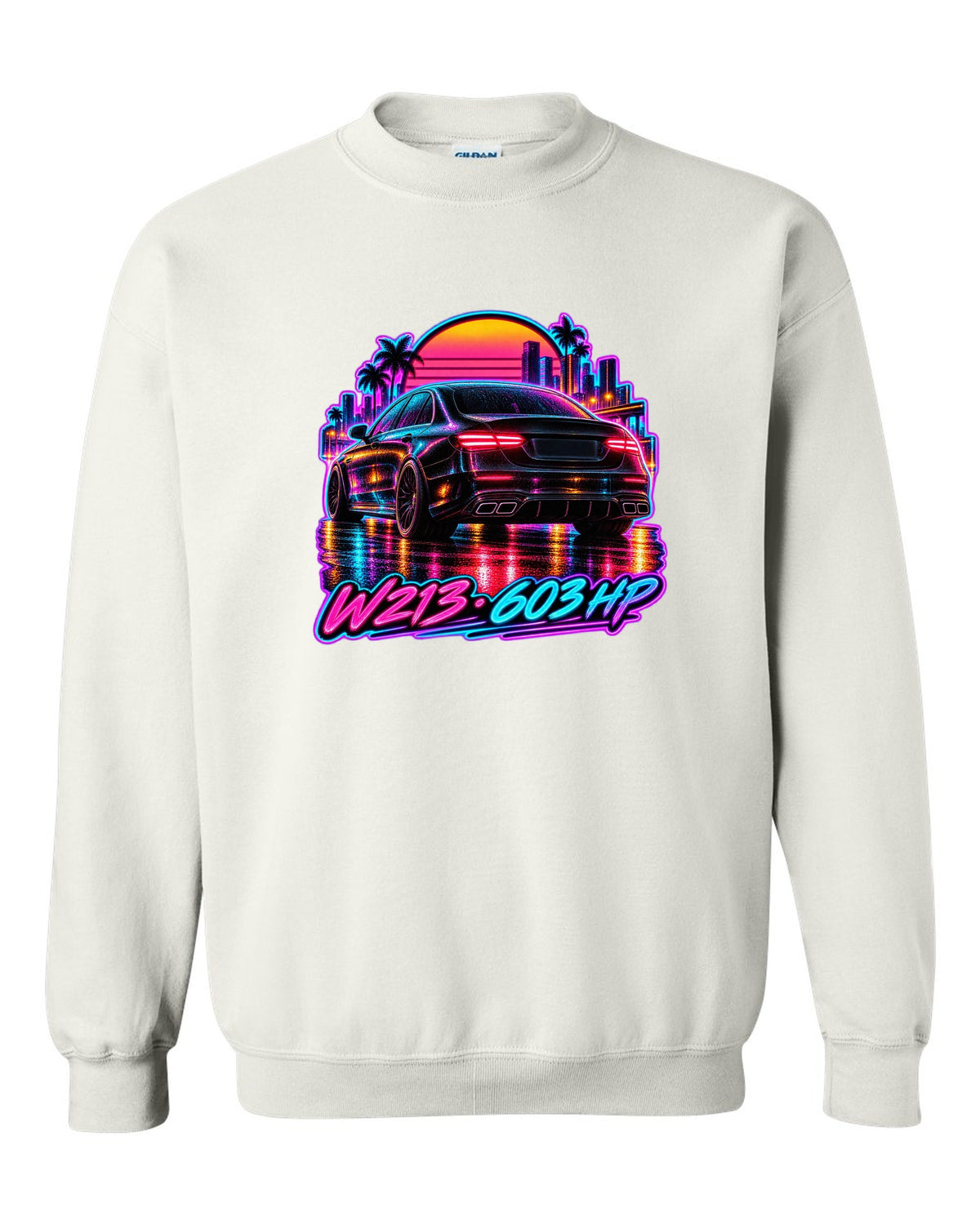 Synthwave wet road scene with a Mercedes E63 AMG W213 and 603 HP text white crewneck front view with the design