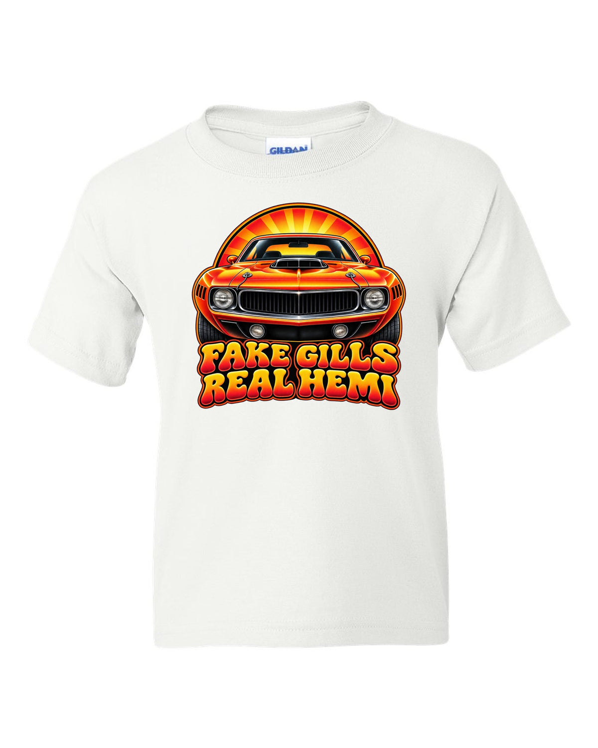 Retro 70s airbrush sunburst design with a 1970 Plymouth Hemi Cuda and fake gills real Hemi text white kids tee front view with the design