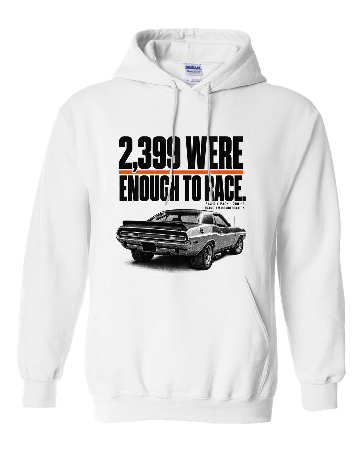 1970 Dodge Challenger T/A halftone print with 2,399 built and 340 Six Pack lettering white pull over hoodie front view with the design