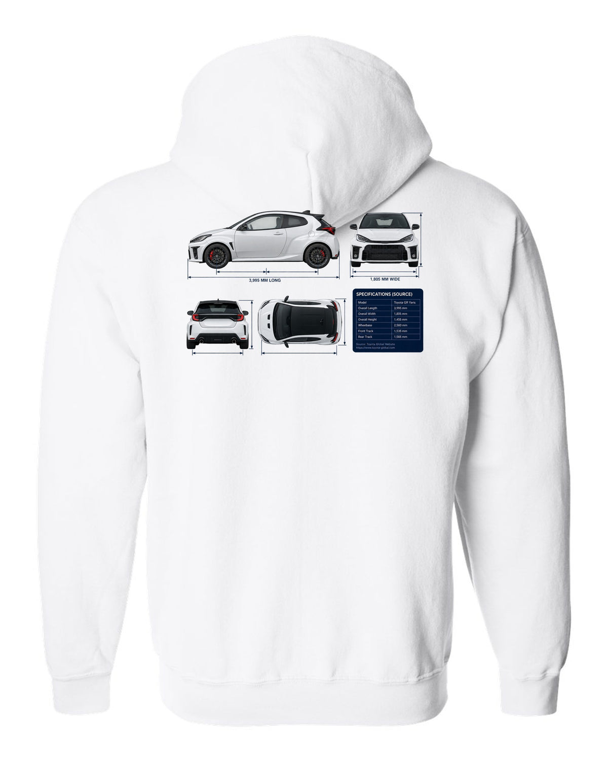 Toyota GR Corolla Morizo Edition Blueprint white zip hoodie back view with the design